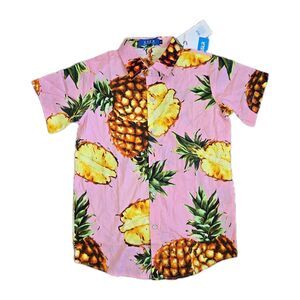 SSLR Boys Pineapple Hawaiian Shirt Pink Short Sleeve Button Up Cotton M NWT